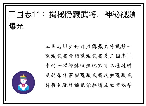 三国志11：揭秘隐藏武将，神秘视频曝光